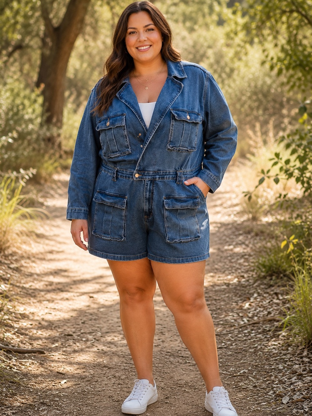 American Bazi Denim Utility Cargo Romper Jumpsuit Long Sleeve Asymmetric Size 3X